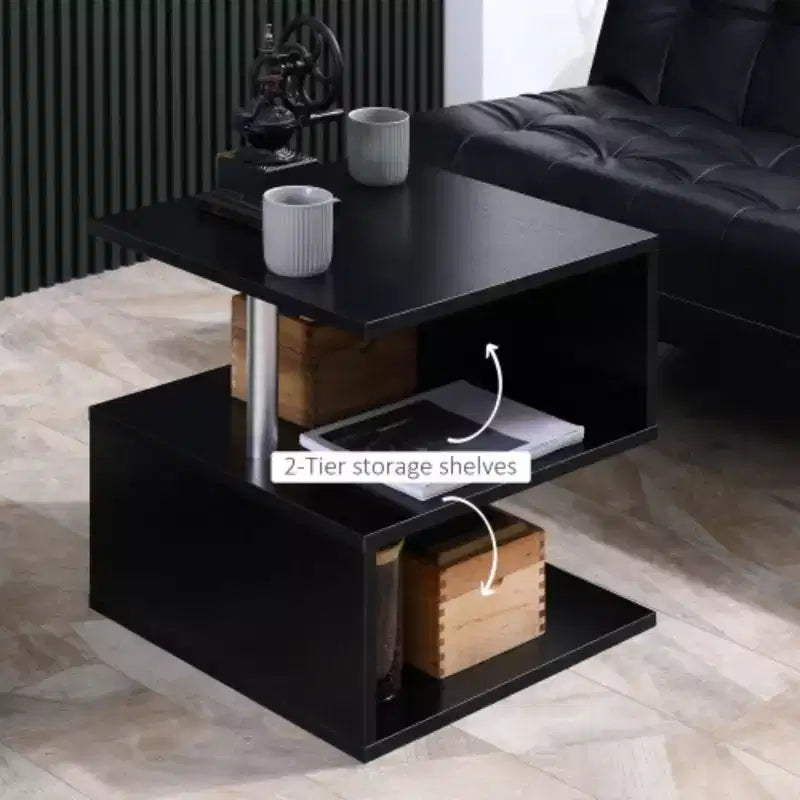 Contemporary End Table, Decorative Side Table, S-Curved Coffee Table with Storage Shelf and Metal Legs, Black