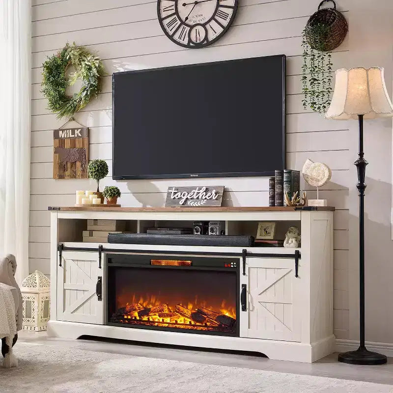 Meuble TV avec cheminée pour téléviseur 75 pouces, foyer et porte coulissante de style grange