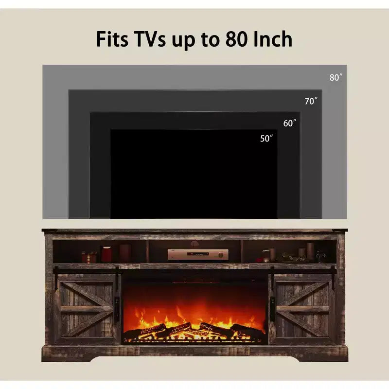 Meuble TV avec cheminée pour téléviseur 75 pouces, foyer et porte coulissante de style grange