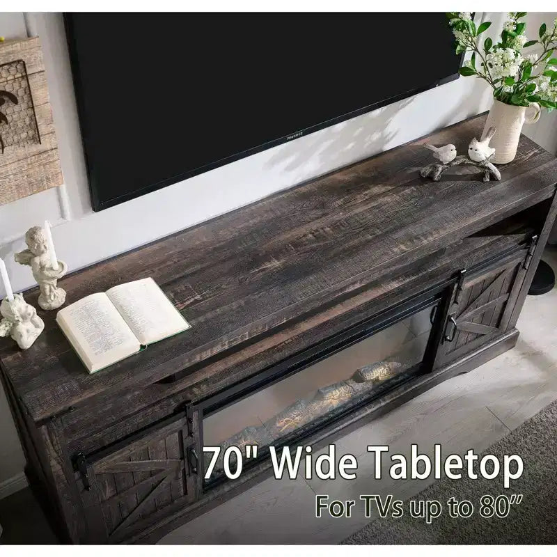 Meuble TV avec cheminée pour téléviseur 75 pouces, foyer et porte coulissante de style grange
