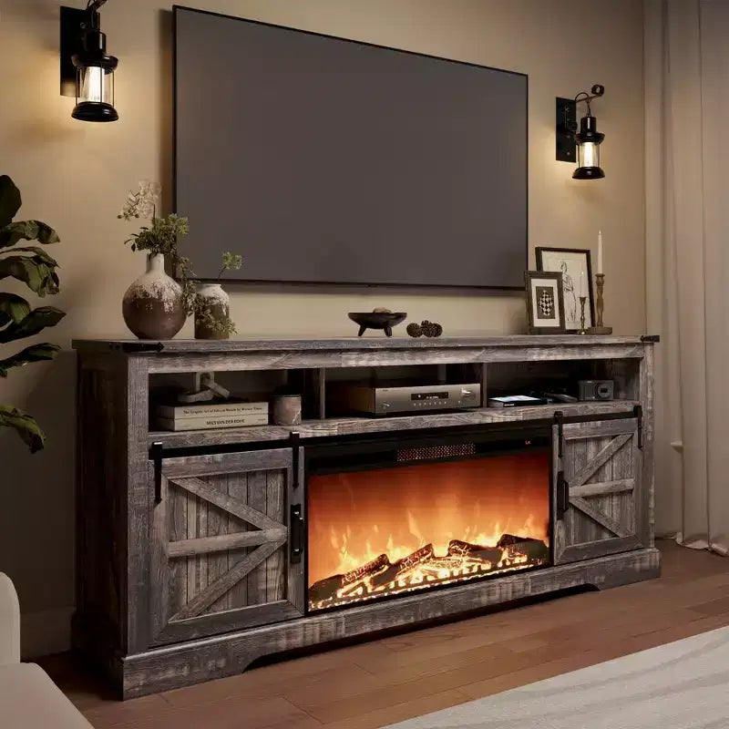 Meuble TV avec cheminée pour téléviseur 75 pouces, foyer et porte coulissante de style grange