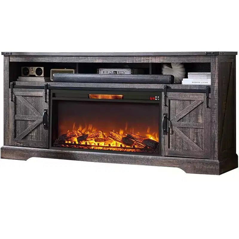 Meuble TV avec cheminée pour téléviseur 75 pouces, foyer et porte coulissante de style grange