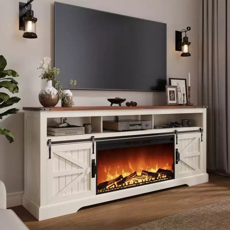 Meuble TV avec cheminée pour téléviseur 75 pouces, foyer et porte coulissante de style grange