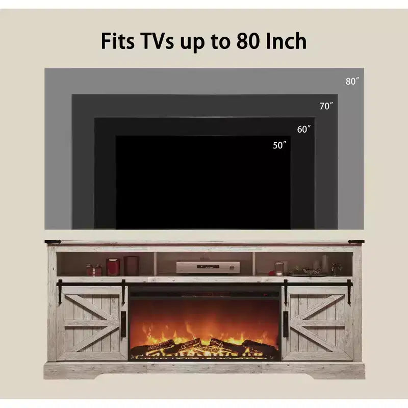 Meuble TV avec cheminée pour téléviseur 75 pouces, foyer et porte coulissante de style grange