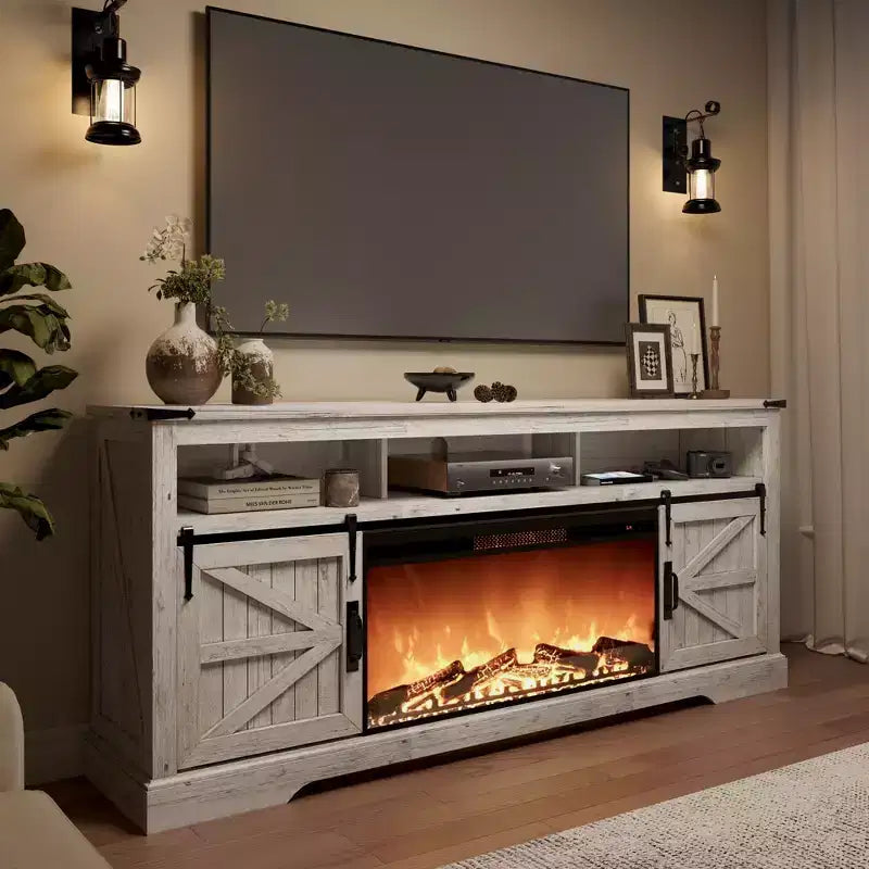 Meuble TV avec cheminée pour téléviseur 75 pouces, foyer et porte coulissante de style grange