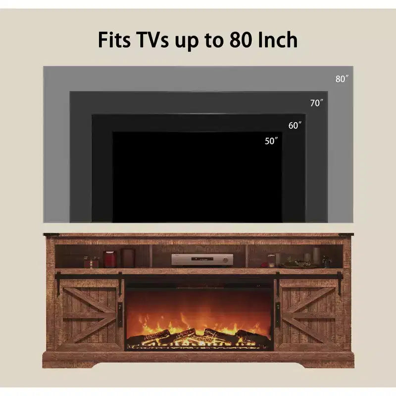 Meuble TV avec cheminée pour téléviseur 75 pouces, foyer et porte coulissante de style grange