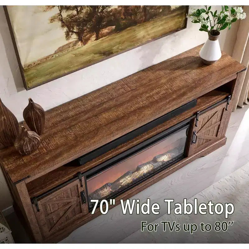 Meuble TV avec cheminée pour téléviseur 75 pouces, foyer et porte coulissante de style grange