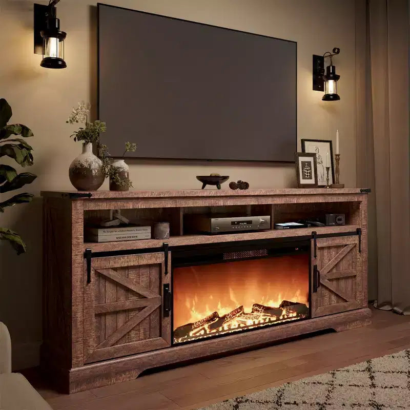 Meuble TV avec cheminée pour téléviseur 75 pouces, foyer et porte coulissante de style grange