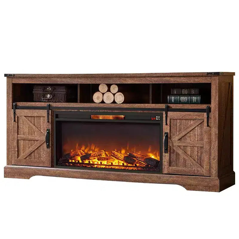 Meuble TV avec cheminée pour téléviseur 75 pouces, foyer et porte coulissante de style grange