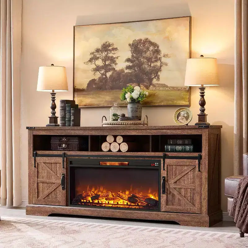 Meuble TV avec cheminée pour téléviseur 75 pouces, foyer et porte coulissante de style grange