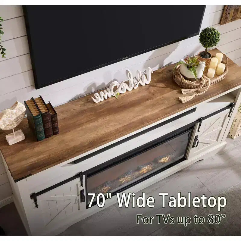 Meuble TV avec cheminée pour téléviseur 75 pouces, foyer et porte coulissante de style grange