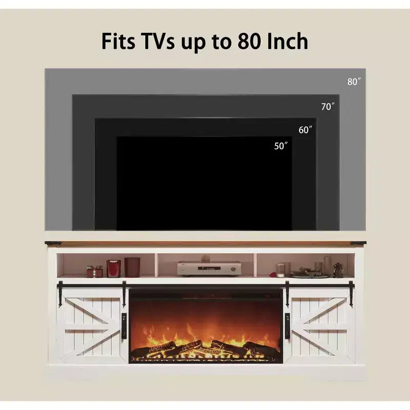 Meuble TV avec cheminée pour téléviseur 75 pouces, foyer et porte coulissante de style grange
