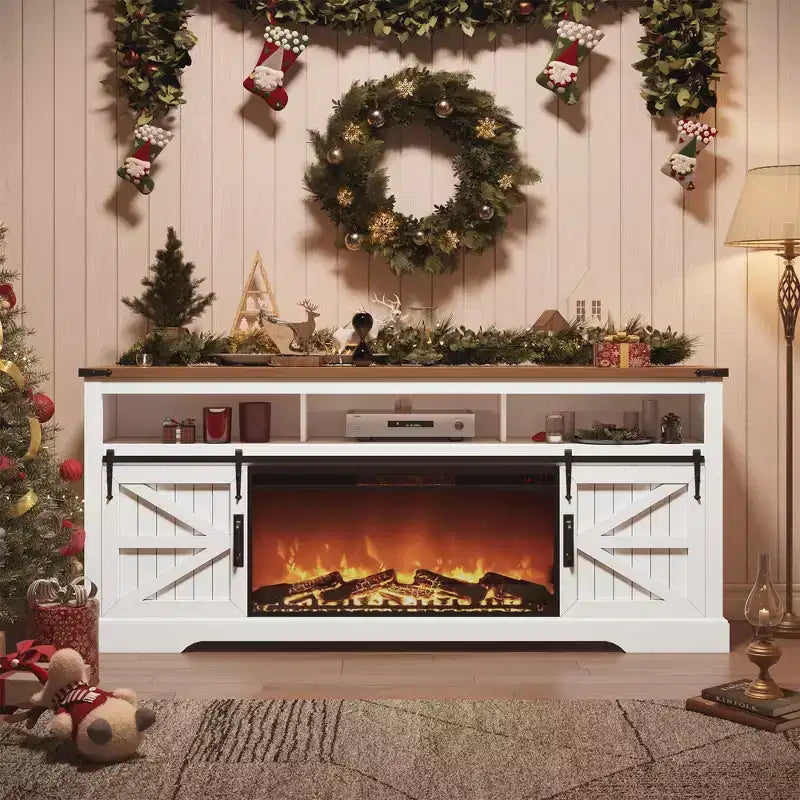 Meuble TV avec cheminée pour téléviseur 75 pouces, foyer et porte coulissante de style grange
