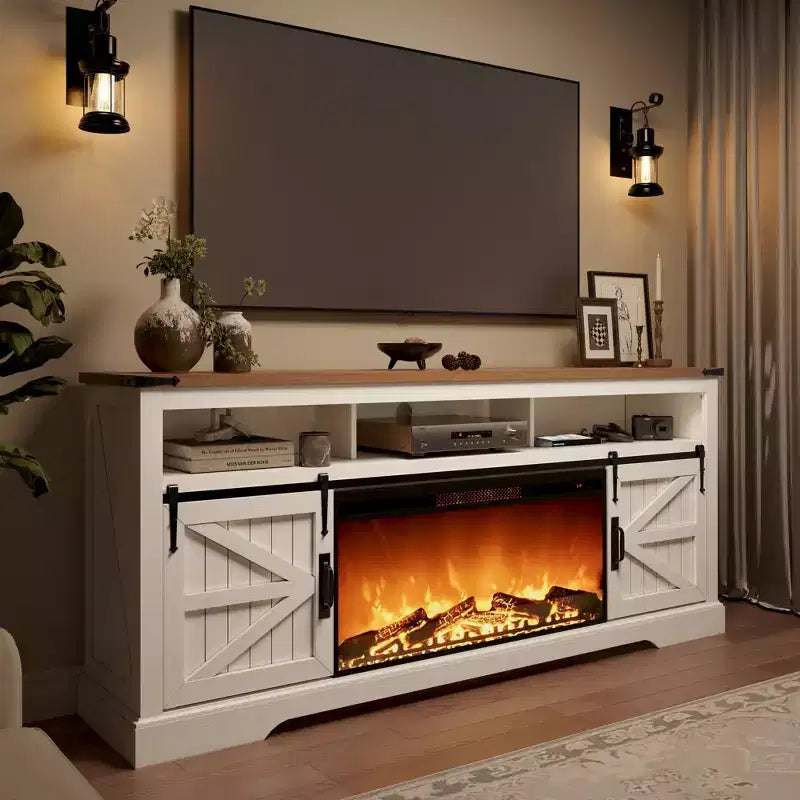Meuble TV avec cheminée pour téléviseur 75 pouces, foyer et porte coulissante de style grange