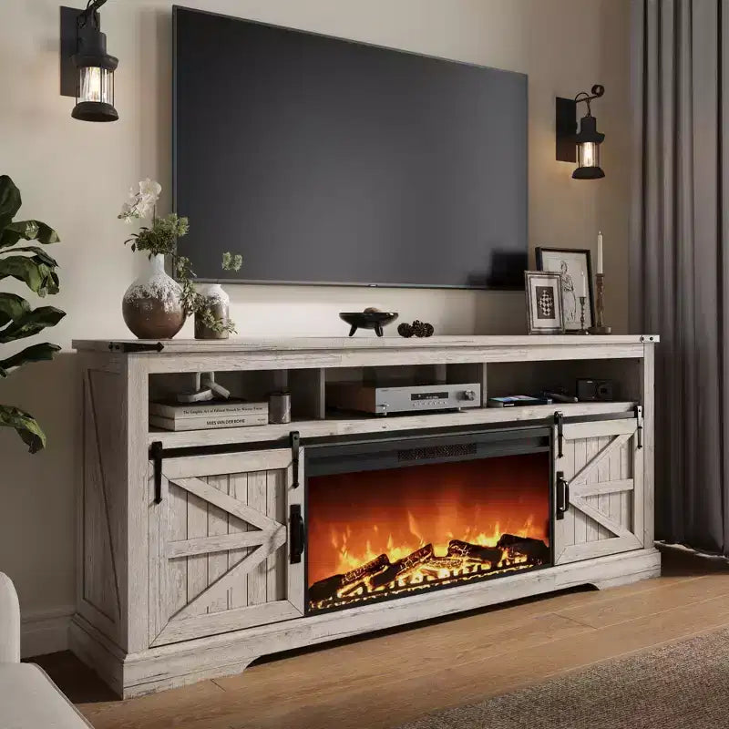 Meuble TV avec cheminée pour téléviseur 75 pouces, foyer et porte coulissante de style grange