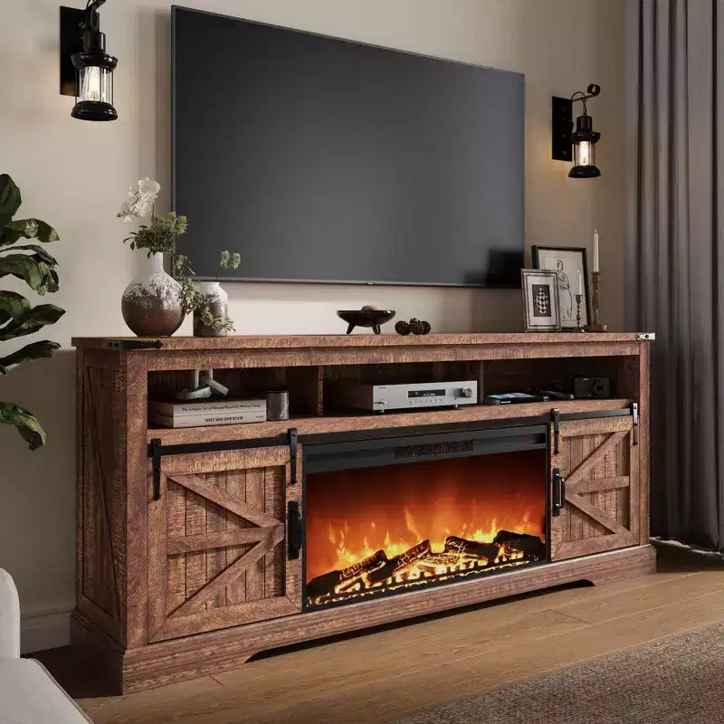 Meuble TV avec cheminée pour téléviseur 75 pouces, foyer et porte coulissante de style grange