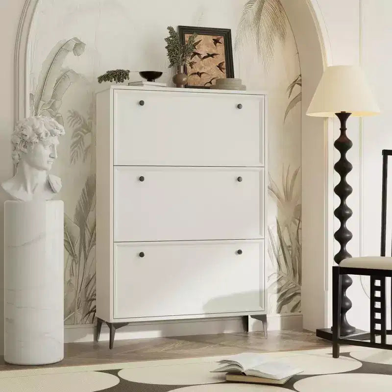 Chic Crate-Modern White Shoe Cabinet  3 Flip-Drawer | Entrance/Narrow | Hidden Design | Independent Legs