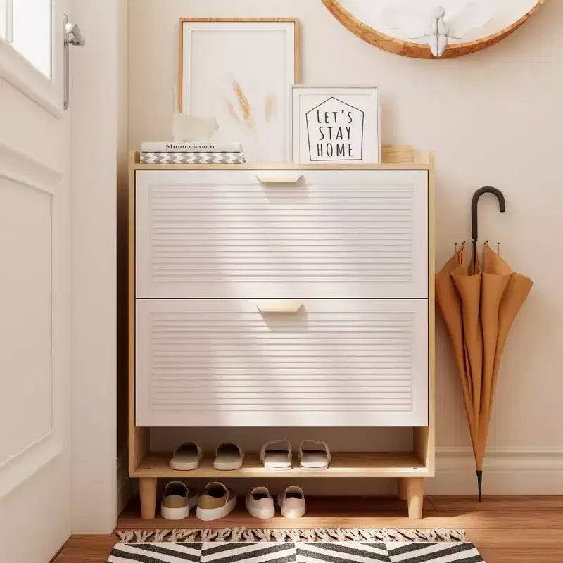 Chic Crate-31.5in Nordic Shoe Storage Cabinet  2 Flip-Drawer Organizer | Solid Wood Legs | Entryway/Narrow | White/Solid Wood