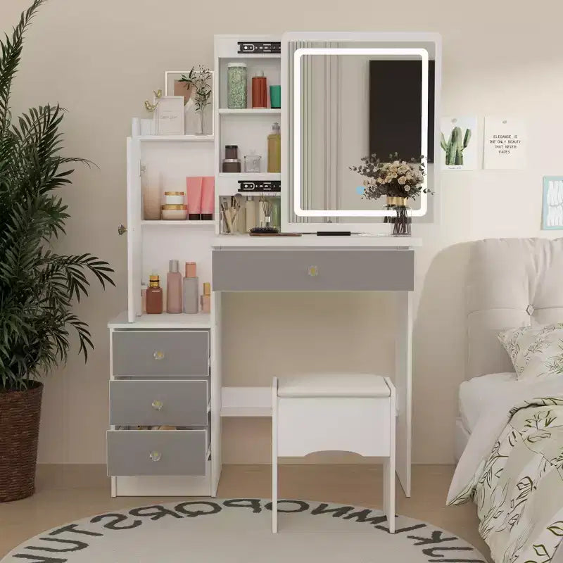Famapy Makeup Vanity Set with Stool and Mirror 3 Color Touch Light Dressing Table Vanity Dresser