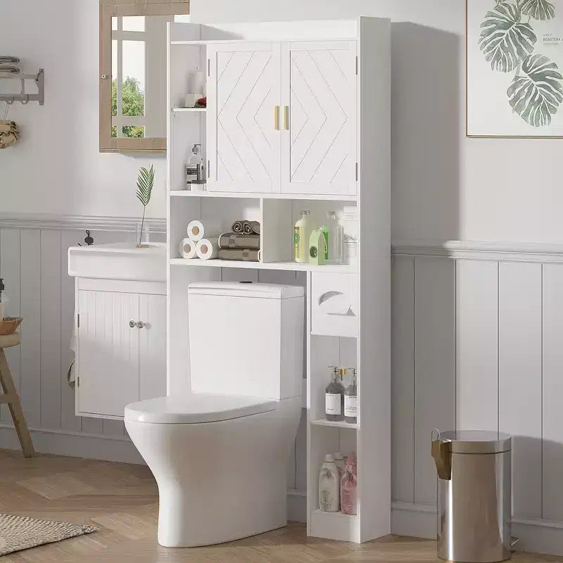 VECELO Over The Toilet Storage Cabinet, Storage Cabinet with Door & Toilet Paper Holder Stand, Space-Saving Toilet Rack, White