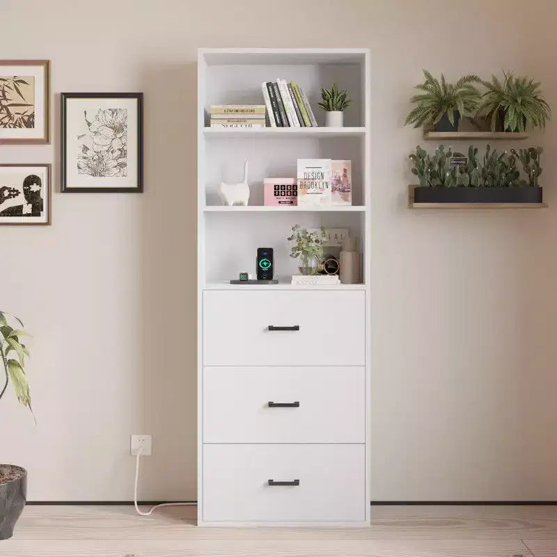 Karl Home White Display Cabinet with 3-layer 3-drawer 2 USB 2 Outlet 70.86in.H