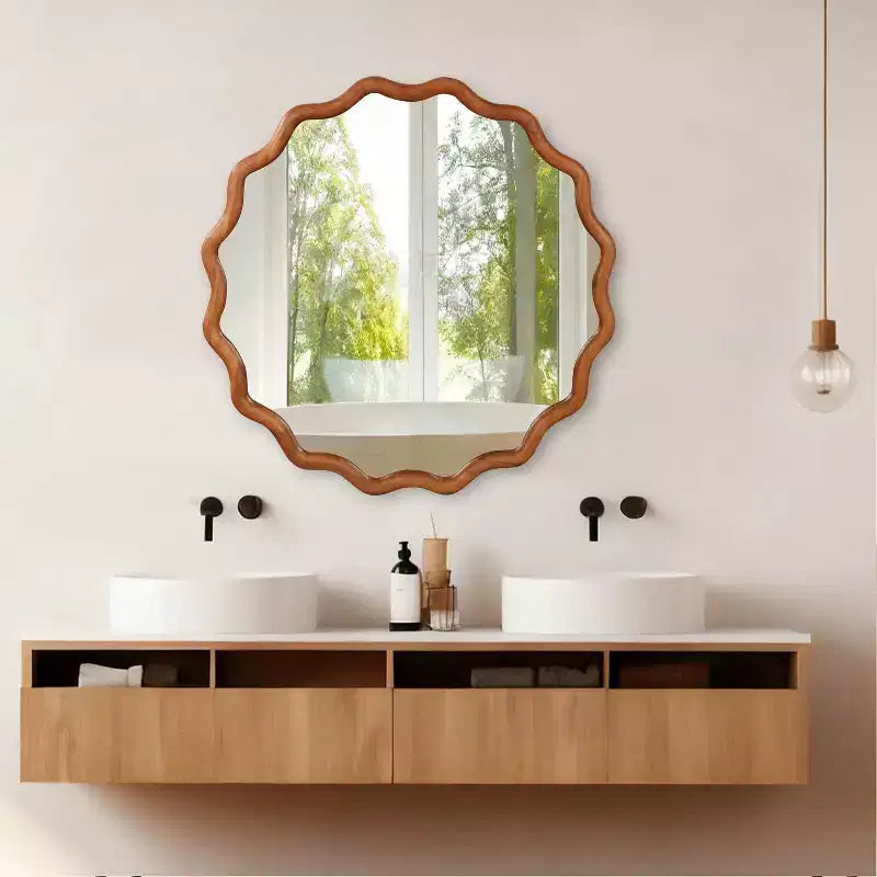 MAYEERTY 36 inch Wavy Round Mirror Solid Wood Frame Decorative Mirror for Bedroom Bathroom Living Room Brown