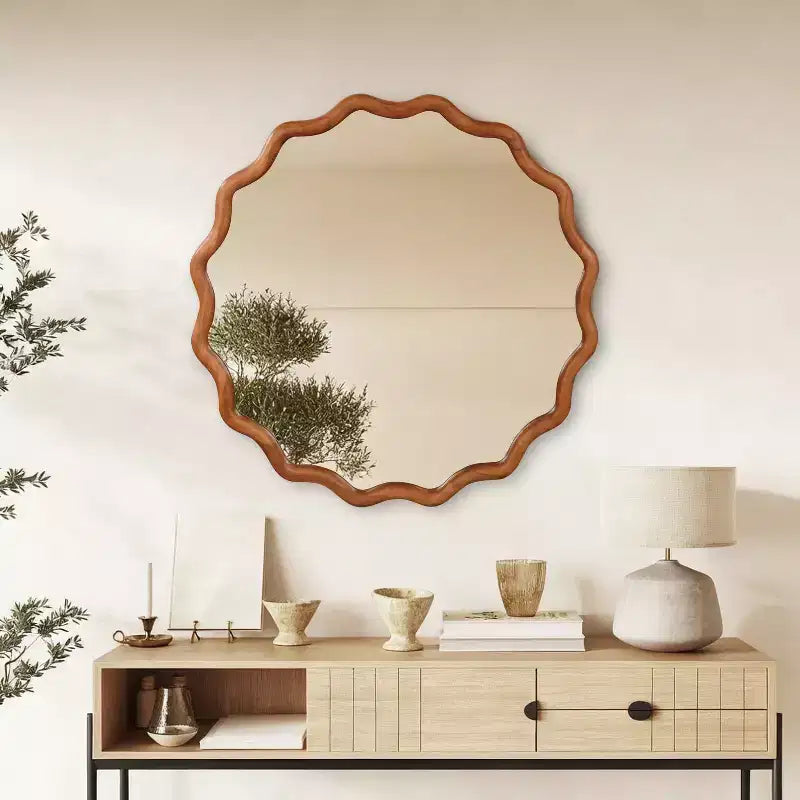 Miroir Rond Ondulé Cadre en Bois Massif Miroir Décoratif