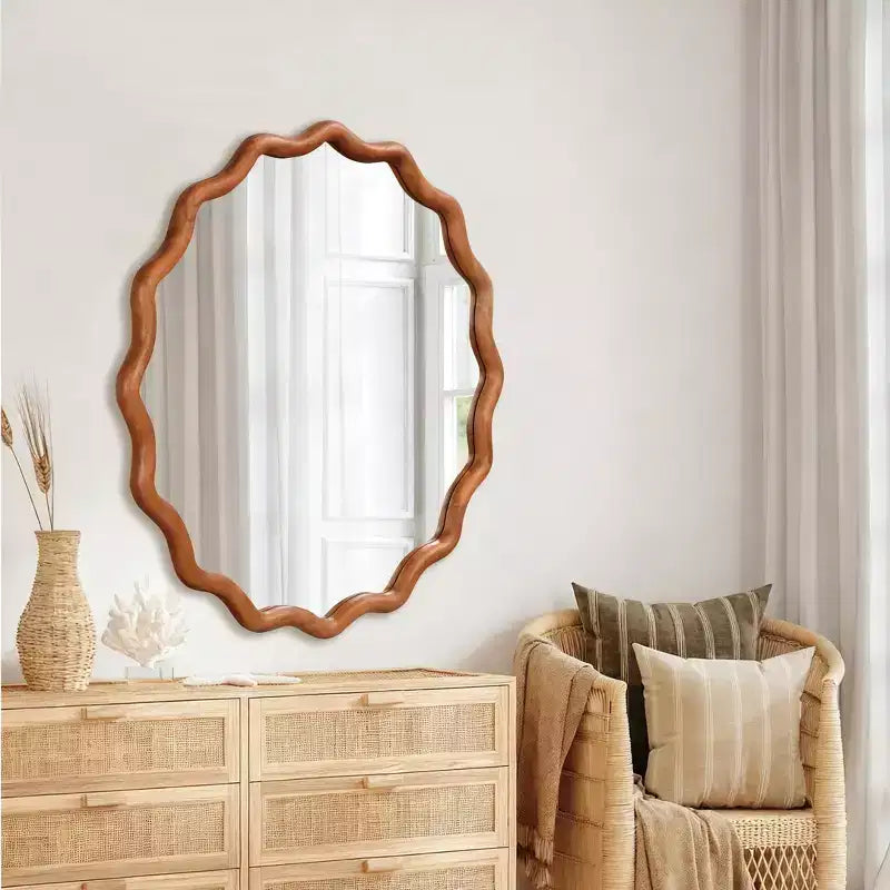 Miroir Rond Ondulé Cadre en Bois Massif Miroir Décoratif