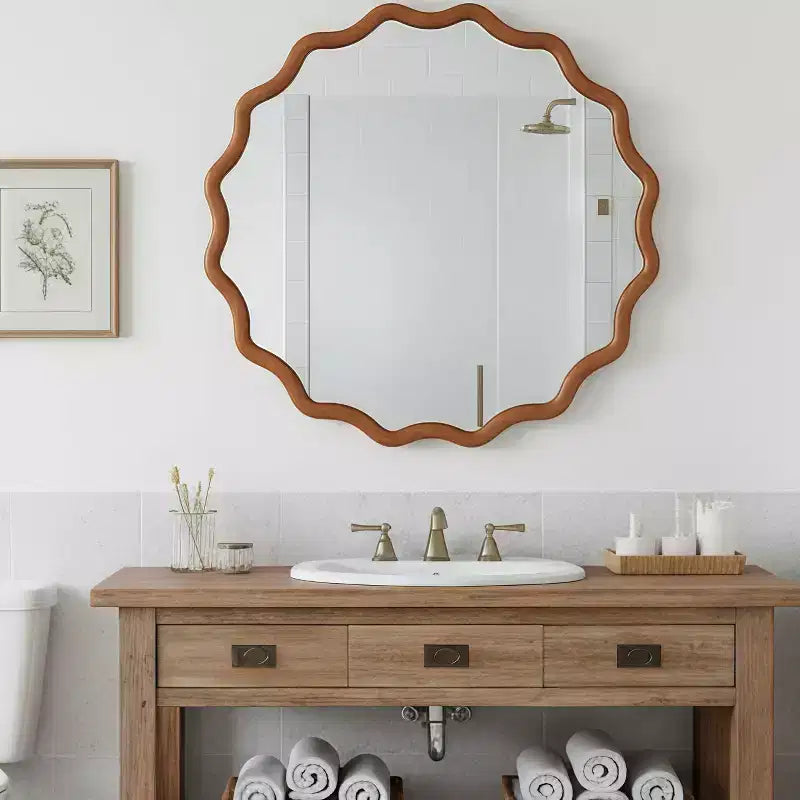 Miroir Rond Ondulé Cadre en Bois Massif Miroir Décoratif