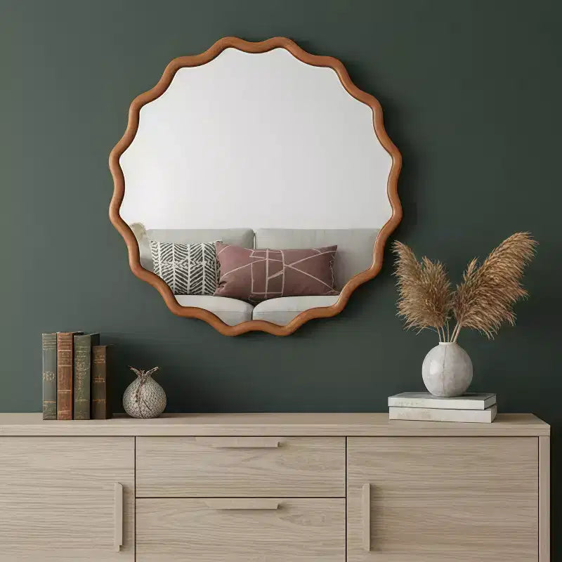 Miroir Rond Ondulé Cadre en Bois Massif Miroir Décoratif