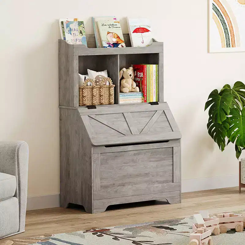 Kids Toy Storage Organizer, Kids Bookshelf and Toy Storage with Flip-Top Lid and Cubby, Wood Kids Bookcases for Playroom, Children's Room, Bedroom
