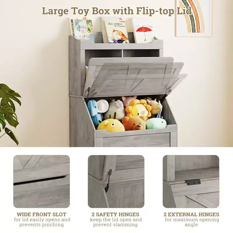 Kids Toy Storage Organizer, Kids Bookshelf and Toy Storage with Flip-Top Lid and Cubby, Wood Kids Bookcases for Playroom, Children's Room, Bedroom