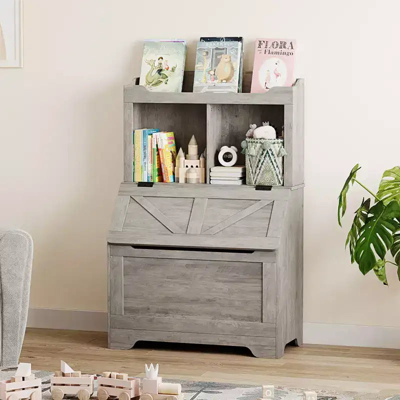 Kids Toy Storage Organizer, Kids Bookshelf and Toy Storage with Flip-Top Lid and Cubby, Wood Kids Bookcases for Playroom, Children's Room, Bedroom