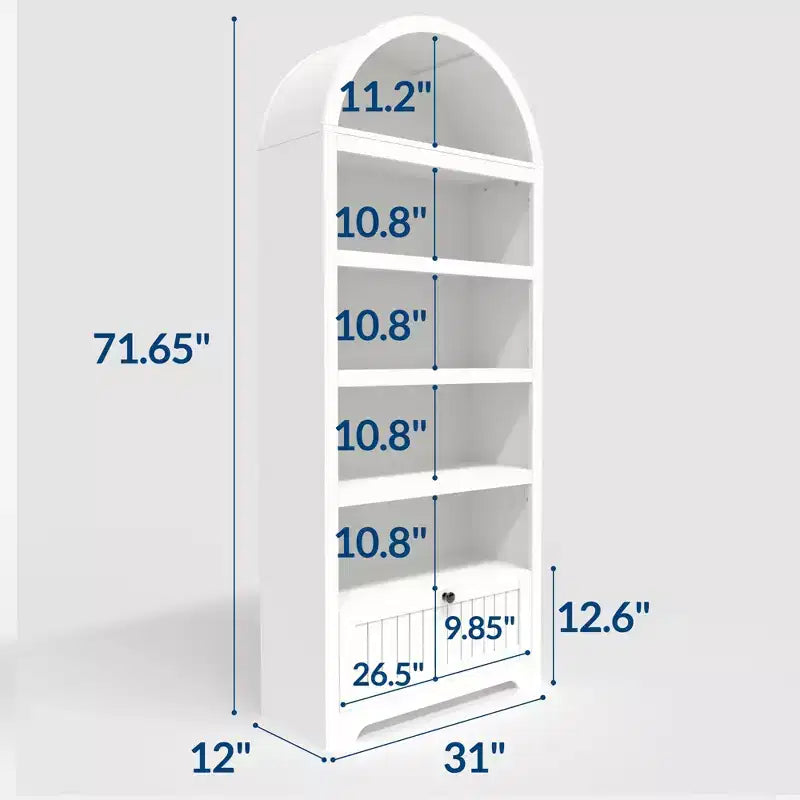 72 Arched Bookshelf with Storage Drawer, Modern 6-Tier Wood Display Cabinet with Open Shelves and Bottom Drawer, Curved Cabinet Door