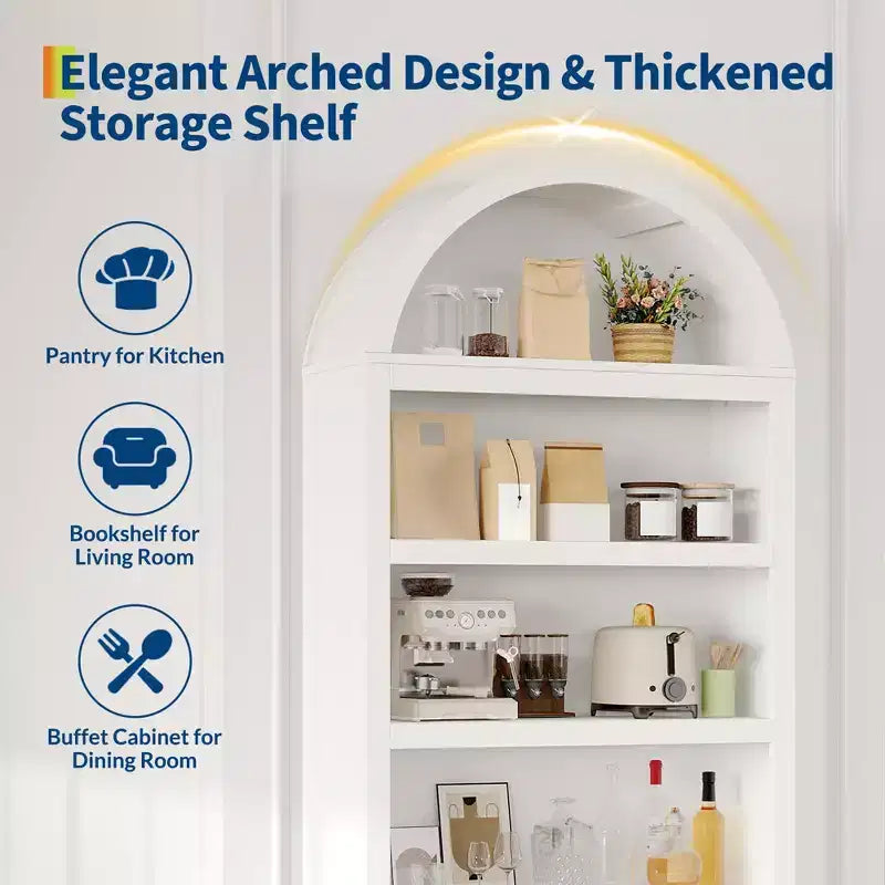72 Arched Bookshelf with Storage Drawer, Modern 6-Tier Wood Display Cabinet with Open Shelves and Bottom Drawer, Curved Cabinet Door