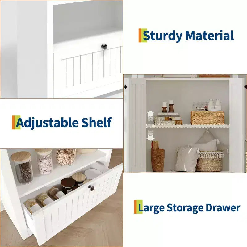 72 Arched Bookshelf with Storage Drawer, Modern 6-Tier Wood Display Cabinet with Open Shelves and Bottom Drawer, Curved Cabinet Door