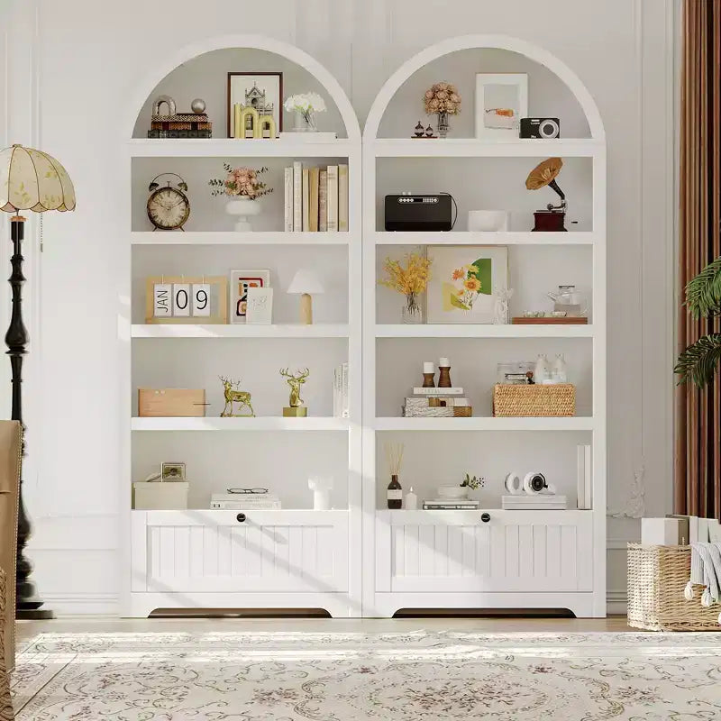 72 Arched Bookshelf with Storage Drawer, Modern 6-Tier Wood Display Cabinet with Open Shelves and Bottom Drawer, Curved Cabinet Door