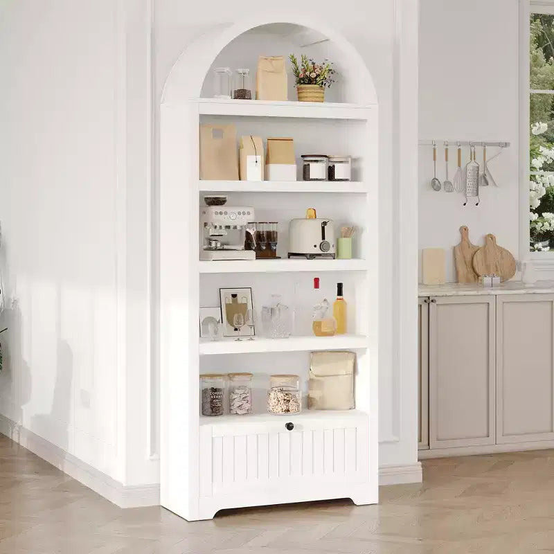 72 Arched Bookshelf with Storage Drawer, Modern 6-Tier Wood Display Cabinet with Open Shelves and Bottom Drawer, Curved Cabinet Door