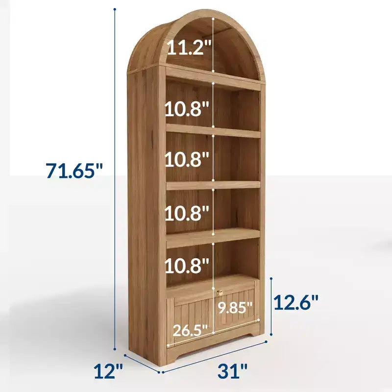 72 Arched Bookshelf with Storage Drawer, Modern 6-Tier Wood Display Cabinet with Open Shelves and Bottom Drawer, Curved Cabinet Door