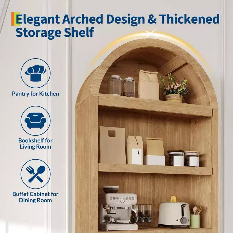72 Arched Bookshelf with Storage Drawer, Modern 6-Tier Wood Display Cabinet with Open Shelves and Bottom Drawer, Curved Cabinet Door