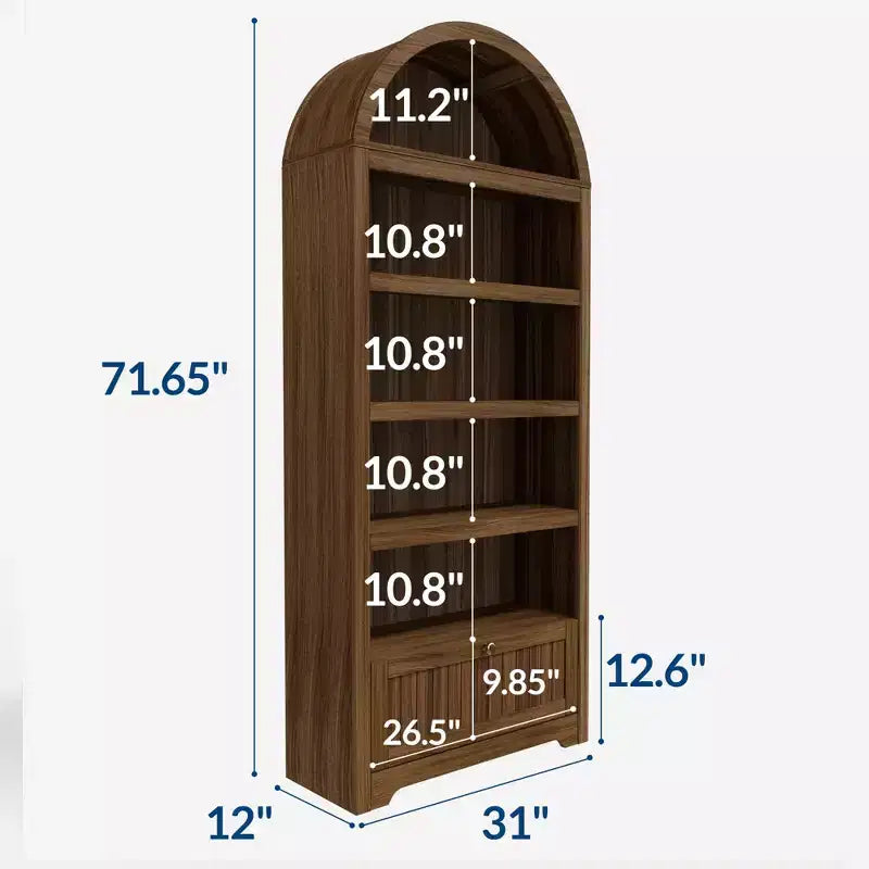 72 Arched Bookshelf with Storage Drawer, Modern 6-Tier Wood Display Cabinet with Open Shelves and Bottom Drawer, Curved Cabinet Door