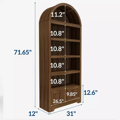 72 Arched Bookshelf with Storage Drawer, Modern 6-Tier Wood Display Cabinet with Open Shelves and Bottom Drawer, Curved Cabinet Door