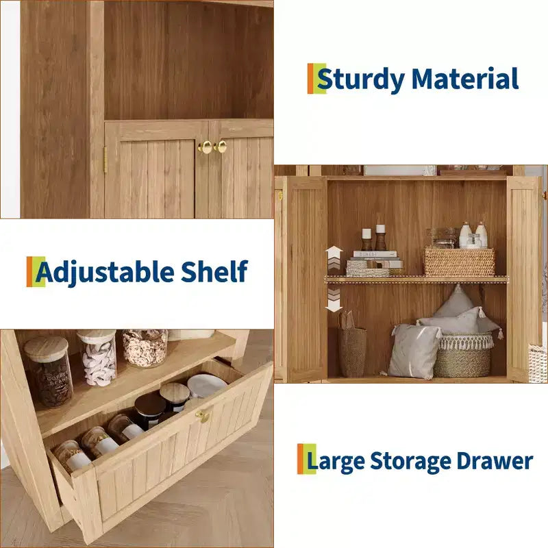72 Arched Bookshelf with Storage Drawer, Modern 6-Tier Wood Display Cabinet with Open Shelves and Bottom Drawer, Curved Cabinet Door
