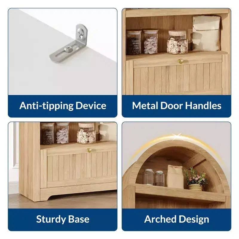 72 Arched Bookshelf with Storage Drawer, Modern 6-Tier Wood Display Cabinet with Open Shelves and Bottom Drawer, Curved Cabinet Door