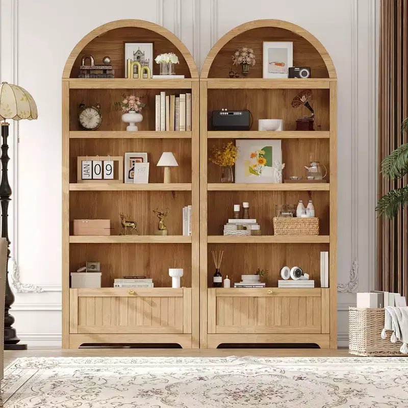 72 Arched Bookshelf with Storage Drawer, Modern 6-Tier Wood Display Cabinet with Open Shelves and Bottom Drawer, Curved Cabinet Door