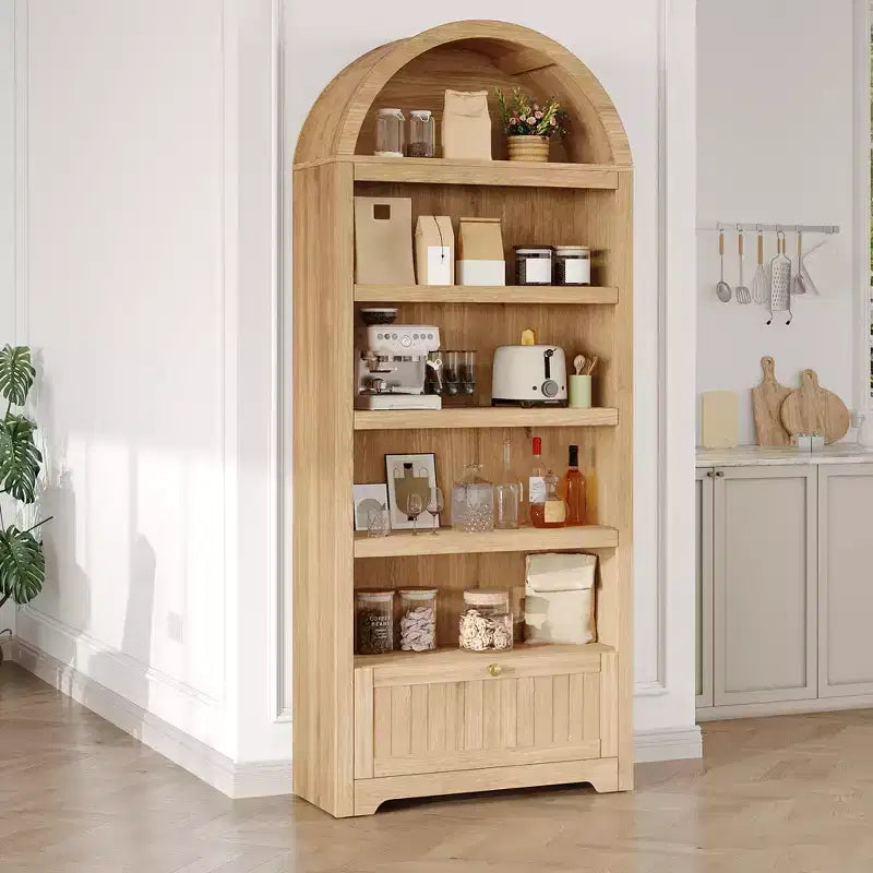72 Arched Bookshelf with Storage Drawer, Modern 6-Tier Wood Display Cabinet with Open Shelves and Bottom Drawer, Curved Cabinet Door