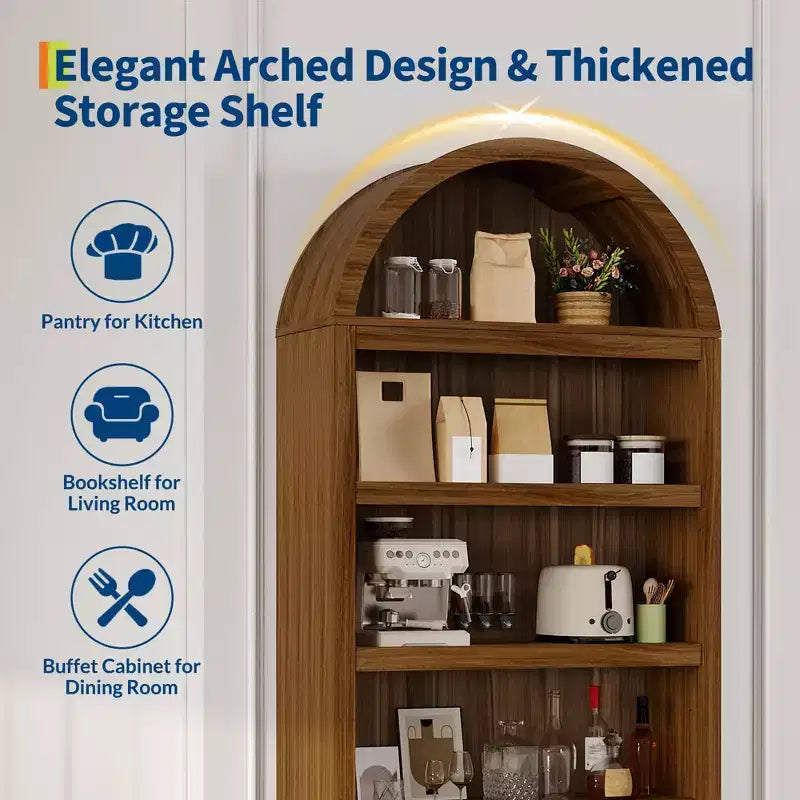 72 Arched Bookshelf with Storage Drawer, Modern 6-Tier Wood Display Cabinet with Open Shelves and Bottom Drawer, Curved Cabinet Door