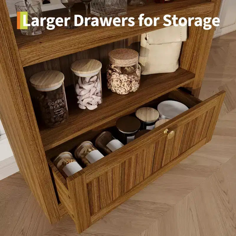 72 Arched Bookshelf with Storage Drawer, Modern 6-Tier Wood Display Cabinet with Open Shelves and Bottom Drawer, Curved Cabinet Door
