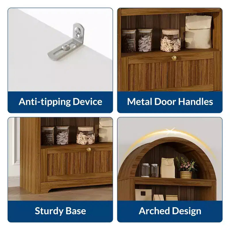 72 Arched Bookshelf with Storage Drawer, Modern 6-Tier Wood Display Cabinet with Open Shelves and Bottom Drawer, Curved Cabinet Door
