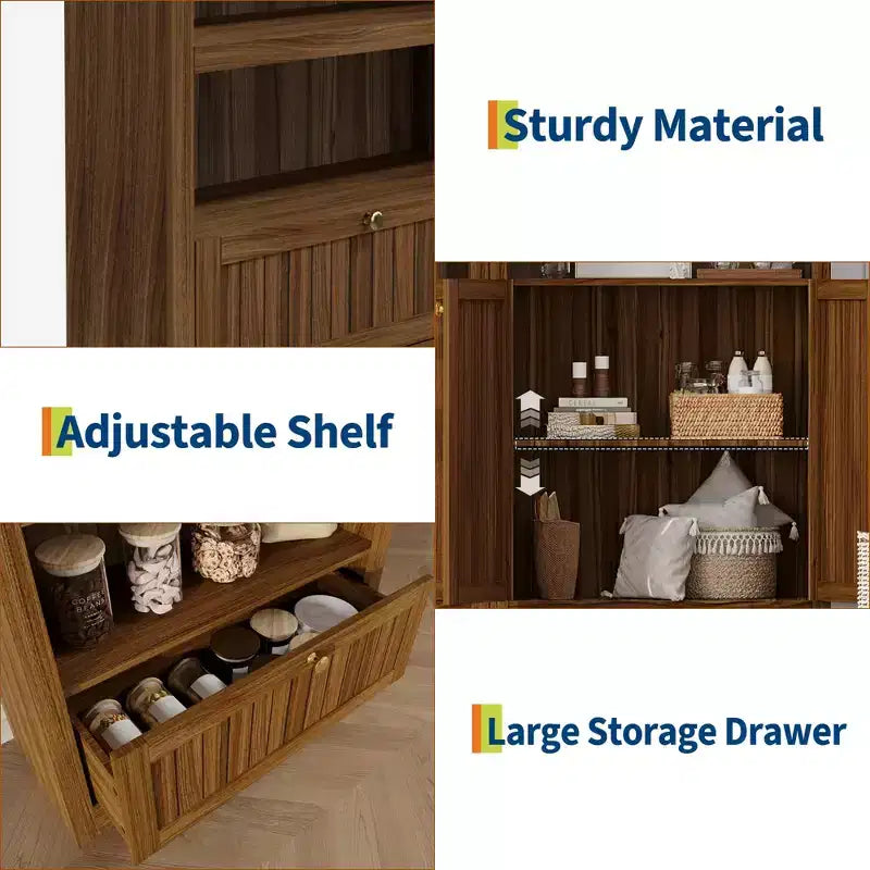 72 Arched Bookshelf with Storage Drawer, Modern 6-Tier Wood Display Cabinet with Open Shelves and Bottom Drawer, Curved Cabinet Door